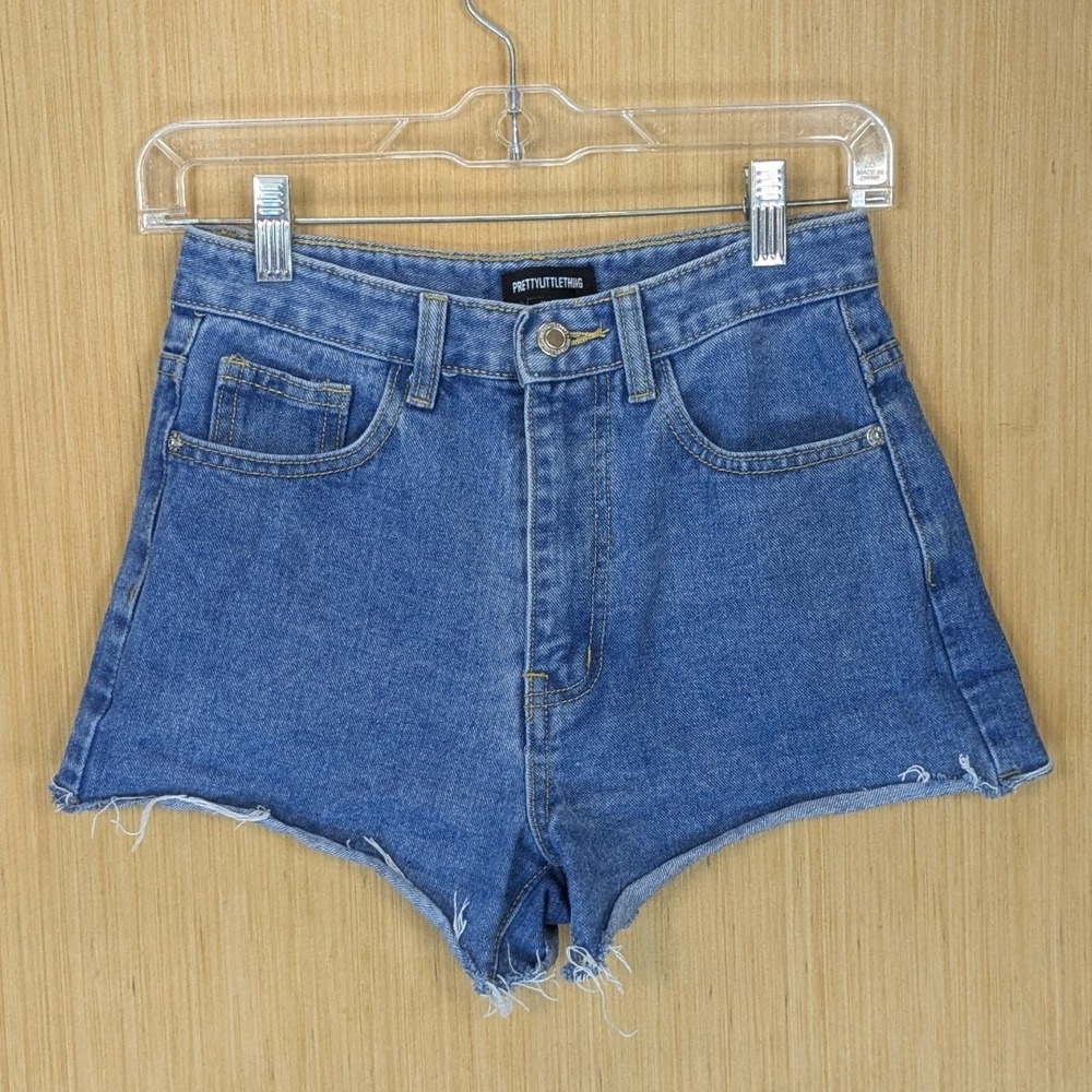PrettyLittleThing Womens 0 High‎ Waisted Raw Hem Denim Mini Booty Shorts Blue